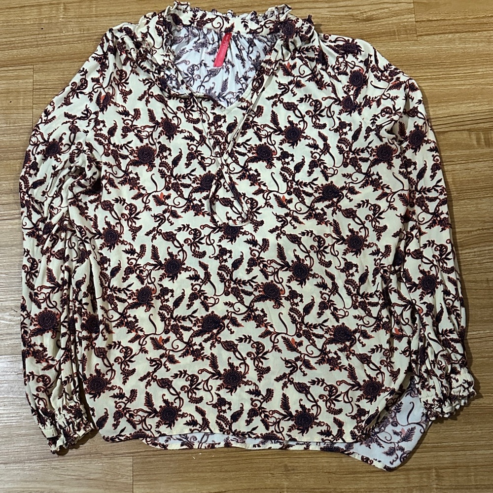 Ruby Ribbon Cream Blouse with Brown Floral Print
